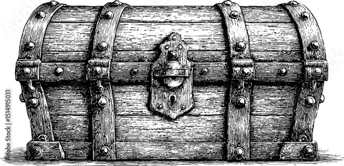 Vintage engraved illustration of carved wooden chest with intricate details for historical design