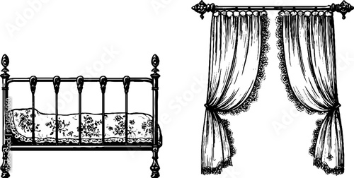 Vintage engraved set of cast iron bed frame and ornate curtain design for interior decor