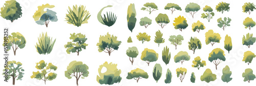 Big collection of green tree vector icons and bushes in flat hand-drawn cartoon style for landscape design, nature illustration, park or garden use