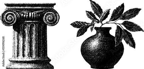 Engraved illustration set featuring corinthian column and decorative vase with leaves