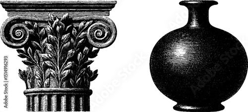 Engraved antique corinthian column and vase illustration set for historical design projects