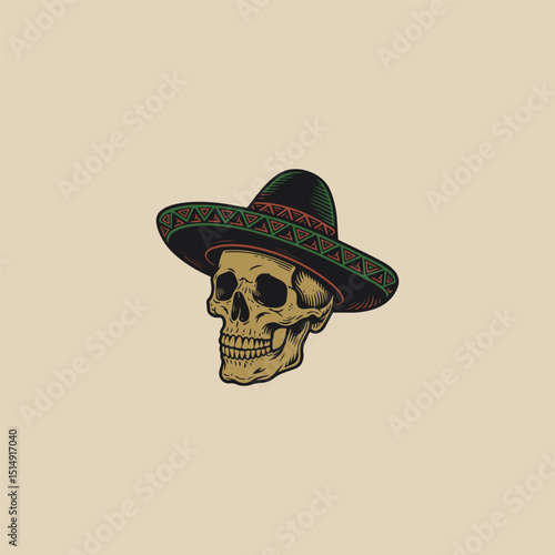 Skull with sombrero hat with engraved style design vector vintage