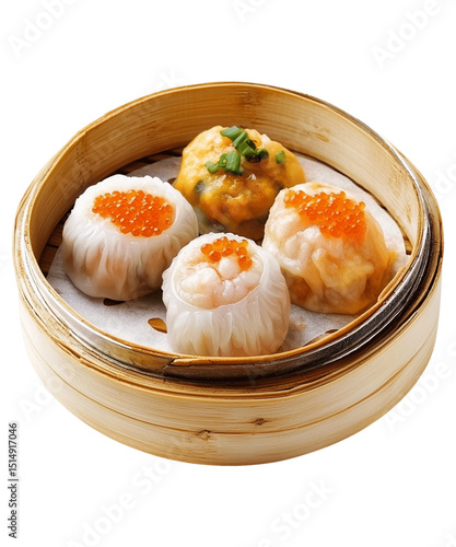 Dim Sum on transparent background. A large range of small Chinese dishes that are traditionally enjoyed in restaurants for brunch.