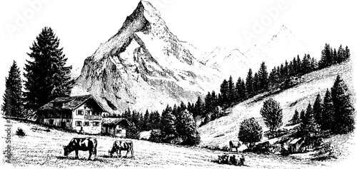 Engraved alpine cow pasture with mountain landscape and rustic chalets