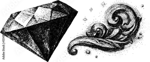 Intricate engraved illustrations of diamond facets and decorative flourishes