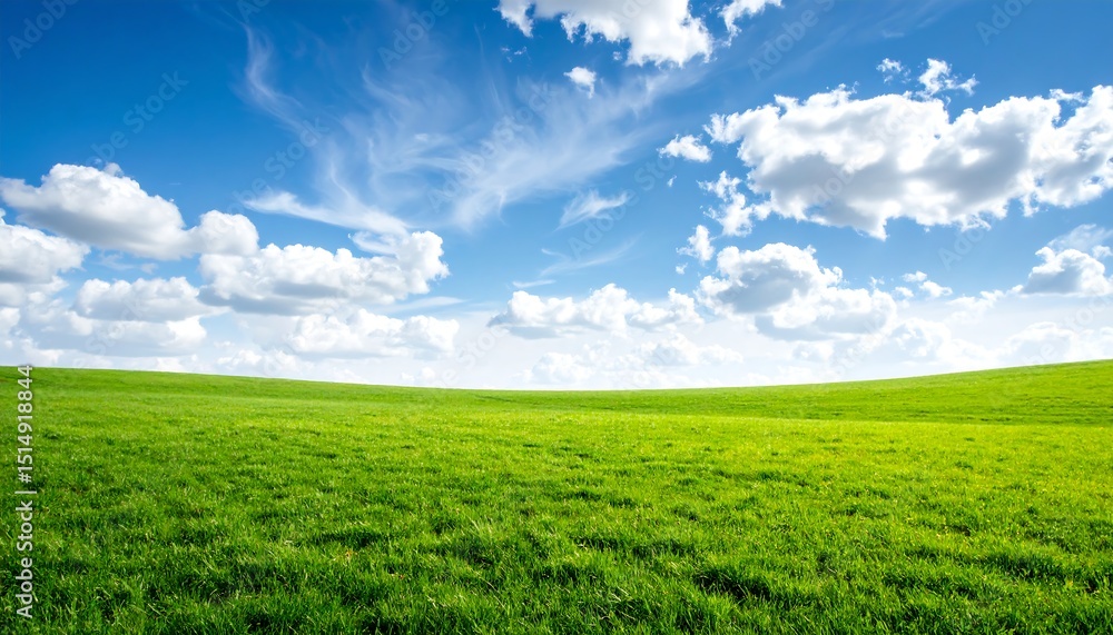 Naklejka premium Lush Green Meadow Under a Vibrant Blue Sky with Fluffy White Clouds.