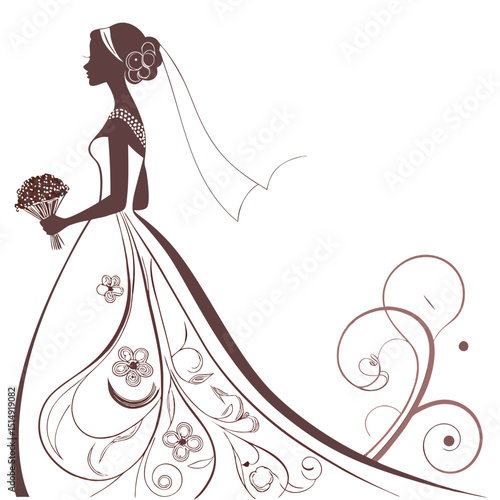 Elegant bride silhouette with floral wedding dress
