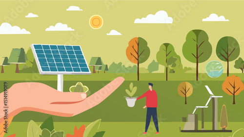 Recycle symbol, solar panel, tree in hands 