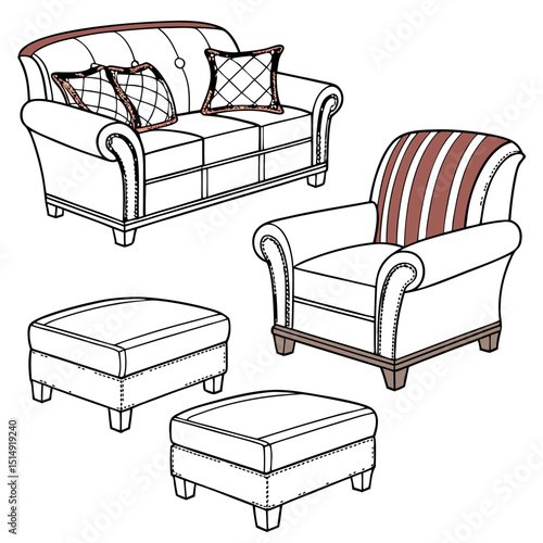 Classic sofa set with armchair and ottomans