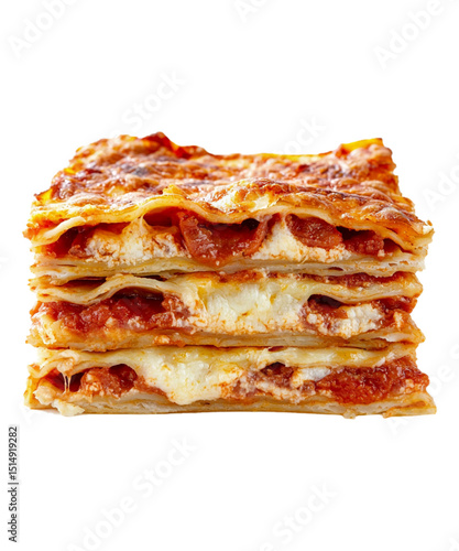 Lasagna on transparent background. A type of pasta made of stacked layers of thin flat pasta alternating with fillings.