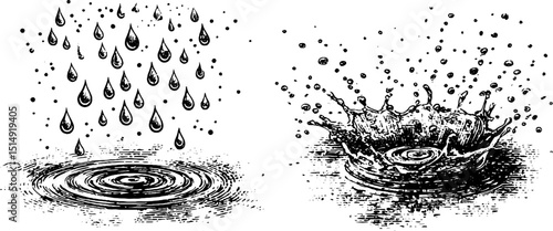 Vintage engraved art of falling raindrops and splashing water for design decor