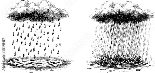 Engraved illustration of falling rain patterns and cloud formations