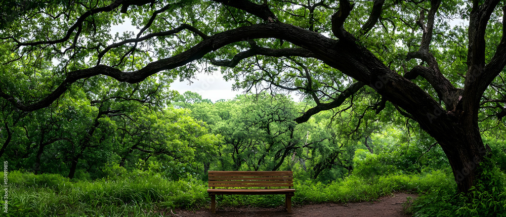 Tranquil Park Bench Under Lush Green Canopy Tranquil Park Bench Under Lush Green Canopy