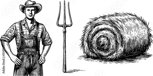 Rustic farming scene with farmer, pitchfork, and hay bale engraving design for posters