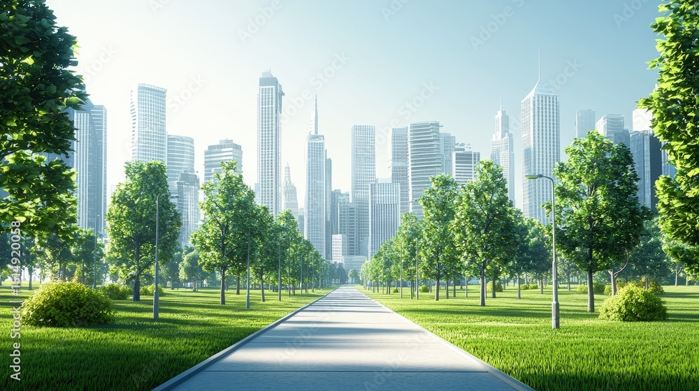 Fototapeta premium Urban park pathway lined with trees leading to a modern city skyline.