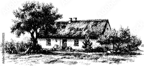 Engraved illustration of traditional farmhouse with thatch roof and scenic surroundings for design use