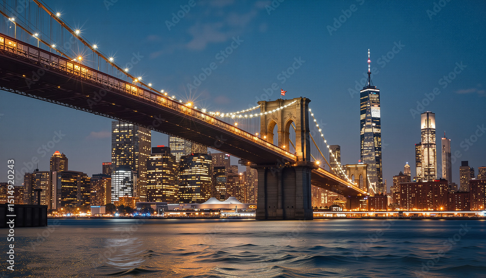 Fototapeta premium Brooklyn Bridge illuminated at night with skyline backdrop