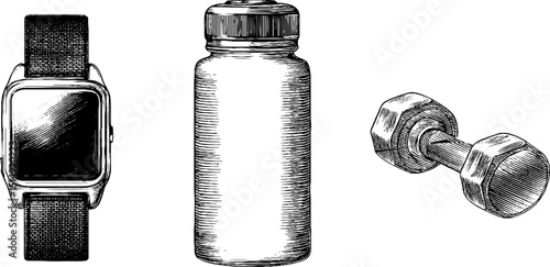 Engraved illustration set of fitness tracker, water bottle, and dumbbell for healthy lifestyle design