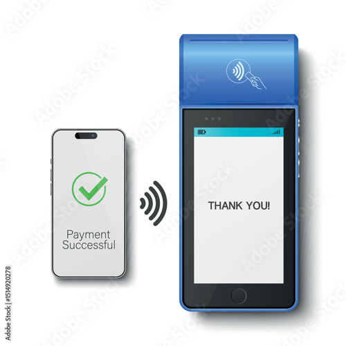 Vector 3D Realistic NFC Payment Terminal and Smartphone Closeup. Approved Payment, Successful Transaction. Payment Machine Design Template, Bank Payment Contactless Terminal