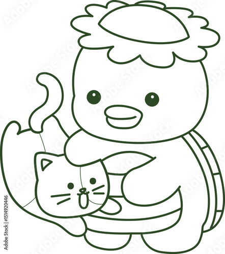 Outline of Kawaii japanese mythology Kappa sticker cute.
Coloring pages of Cute kappa mascot ghost japanese.
