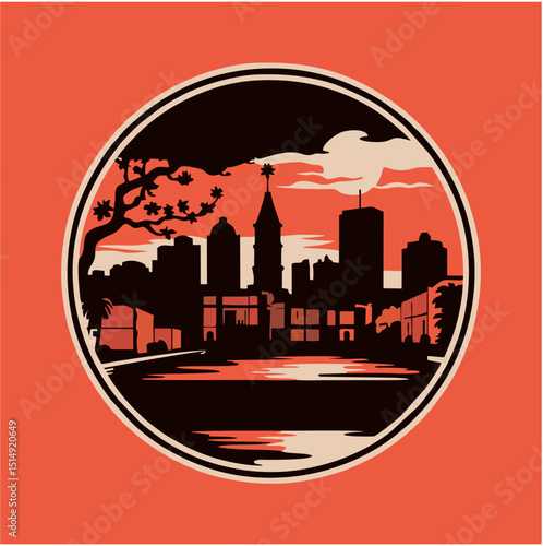 A circular vector design shows a city skyline at dusk. Clouds hang over buildings in this icon illustration.