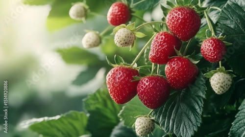 Fresh strawberries growing on green leaves in a vibrant garden, showcasing ripe red fruit alongside unripe white berries, highlighting the beauty of nature's bounty and agricultural abundance