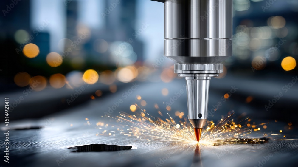 High-precision laser cutting machine in action, creating sparks while cutting through metal sheet, showcasing advanced technology and industrial craftsmanship in a modern workshop environment High-precision laser cutting machine in action, creating sparks while cutting through metal sheet, showcasing advanced technology and industrial craftsmanship in a modern workshop environment