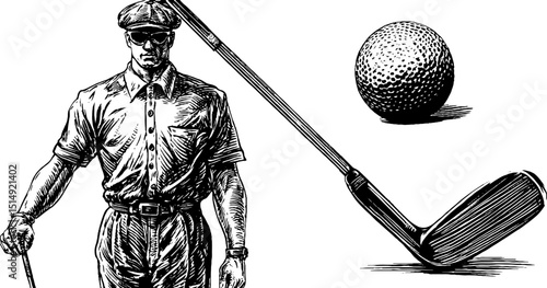 Vintage golfer and golf club engraving set for sports design and decor