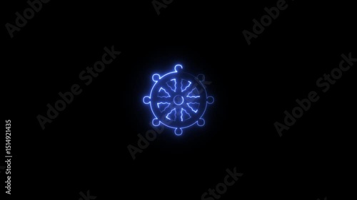 Neon Wooden ship steering wheel isolated on black background 4k animation