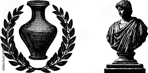 Classical greek amphora and laurel wreath with bust illustration for historical design