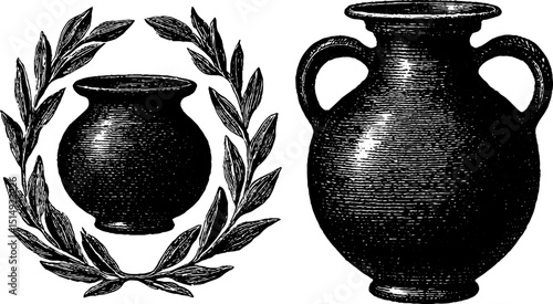 Engraved greek amphora set with laurel illustration for historical design