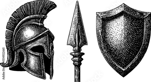 Engraved antique greek helmet, shield, and spear illustration for historical design
