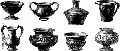 Engraved illustration collection of ancient greek pottery for historical design
