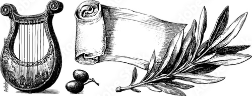 Greek lyre and scroll with olive branch - ancient music and literature theme for design