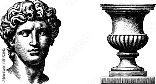Classical greek sculpture and marble urn engraving for artistic design
