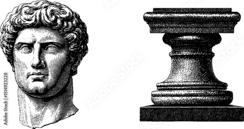 Engraved greek statue head and marble column base - classic art design for historical projects