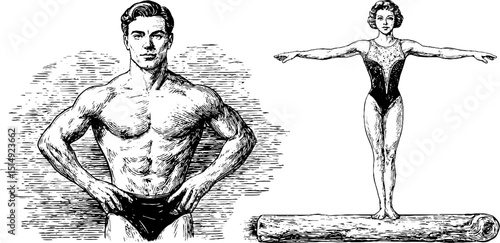Engraved illustration set of gymnastics and balance beam athletes
