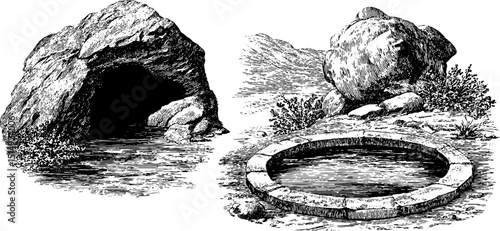 Engraved illustration of hidden cave and circular stone structure in natural landscape