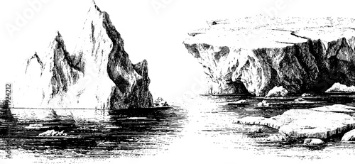 Intricate engraved iceberg illustration set depicting floating icebergs in serene waters