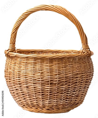Wicker basket on transparent background. Commonly used for storage or transport.