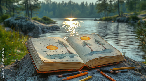 Colorfully drawn journal pages with sun and tree illustrations rest on a rock by a peaceful lake, surrounded by colored pencils and glowing reflections on the water at sunset