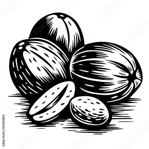 Whole and sliced nutmeg illustration