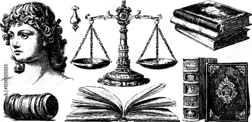 Vintage legal theme engraving set featuring lawyers, scales of justice, and legal books