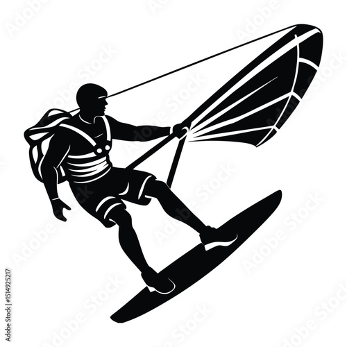 Black and white silhouette of a kitesurfer gliding on a board during an adventure sport