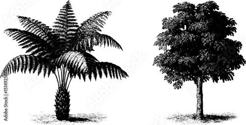 Tropical rainforest flora engraving featuring fern and tree for botanical study