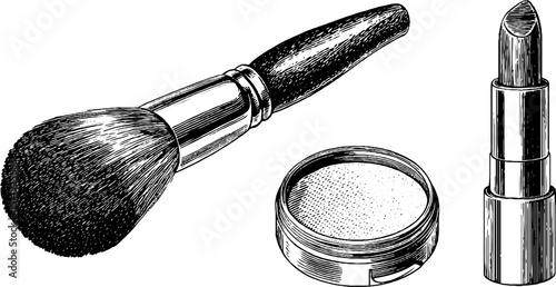 Vintage beauty tools illustration: makeup brush, powder compact, and lipstick