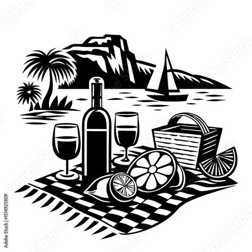 Romantic beach picnic with wine and lemons