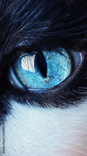 Close up of a captivating blue eye with striking detail. The intricate patterns draw you in. A mesmerizing glimpse into feline beauty. Generative AI