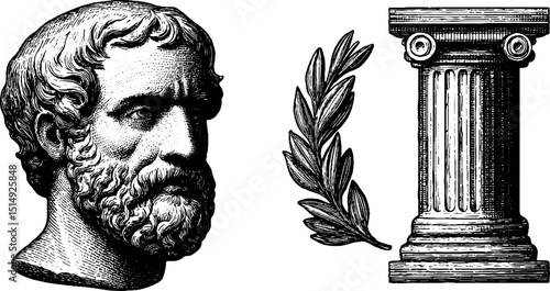 Classical art engraving of marble bust and column with laurel design elements for historical projects