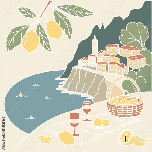 Coastal italian village picnic with lemons and wine